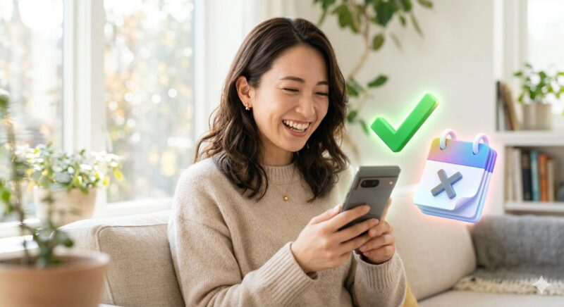 サブスクリプションの解約手続きが完了し、スマホを見てホッと安心した笑顔を浮かべる女性とチェックマーク。