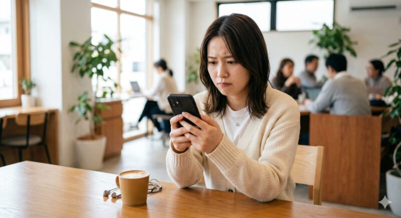 カフェでスマホを見つめ、新しいアプリのインストールやセキュリティに不安を感じてためらっている若い女性の様子。