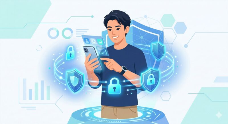 プライバシーを守る盾や南京錠のアイコンに守られたスマートフォンを、安心して操作する男性のイラスト。