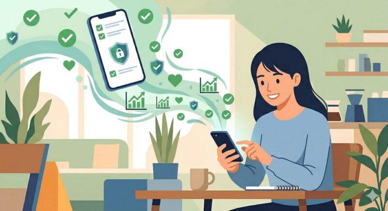 スマホのセキュリティ設定を完了し、安心してアプリを使うイメージ