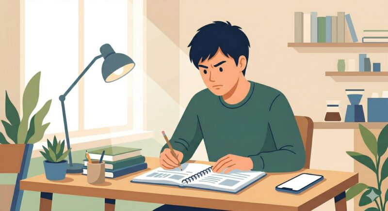 安全な環境を整え、圧倒的な集中力で勉強に取り組む学生のイメージ