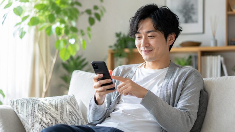 スマホで不審な国際電話の着信拒否設定を完了し、笑顔でリラックスする男性