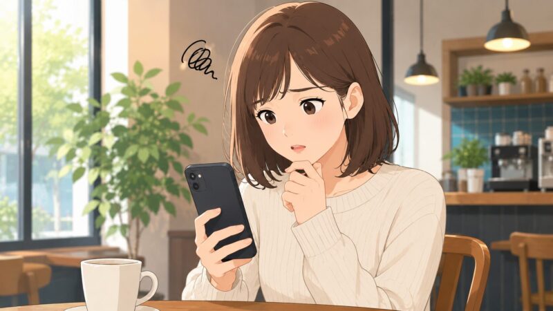 スマートフォンに表示された「+1 855」からの見知らぬ着信に困惑する女性のイラスト