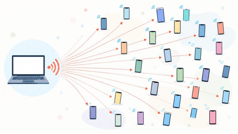 詐欺グループのコンピューターが無数のスマホへランダムに自動発信する仕組みの概念図