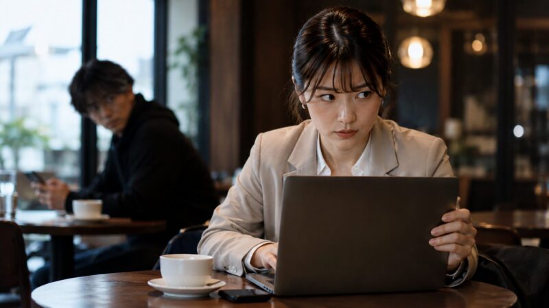 カフェのフリーWi-Fiや周囲の視線を警戒しながらパソコンで作業する女性