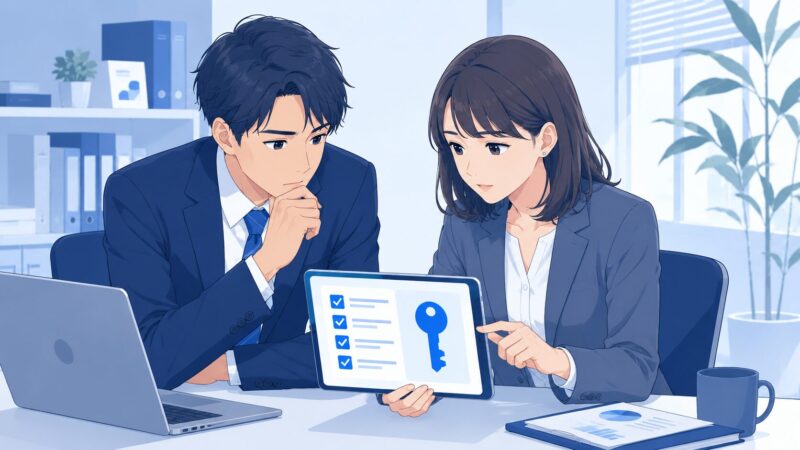 企業のセキュリティ基準や導入チェックリストを真剣に確認する担当者たち
