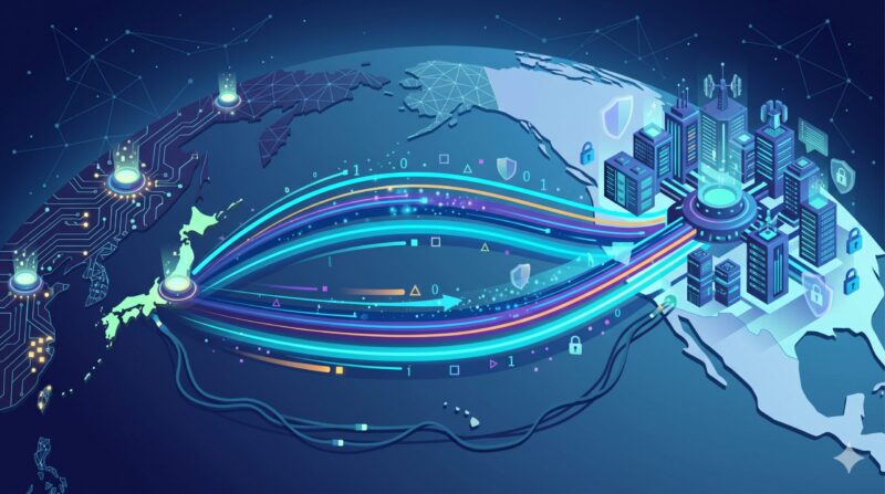 日本から海外のサーバーへとデータが送信されていくイメージ図