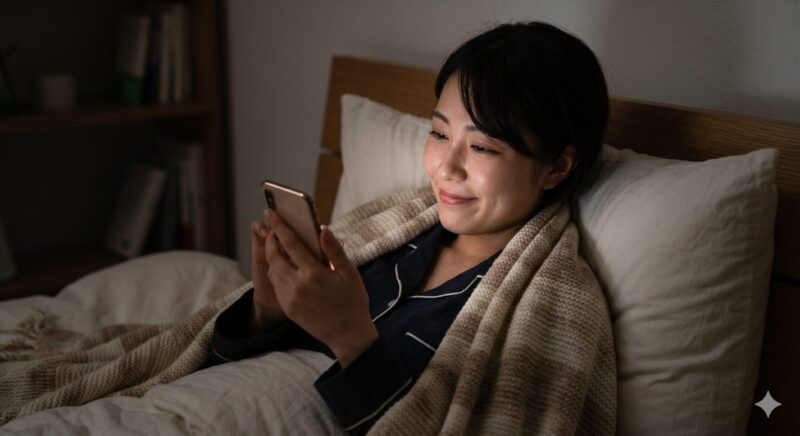 深夜のベッドの中でこっそりスマホで相性診断をする女性のイメージ