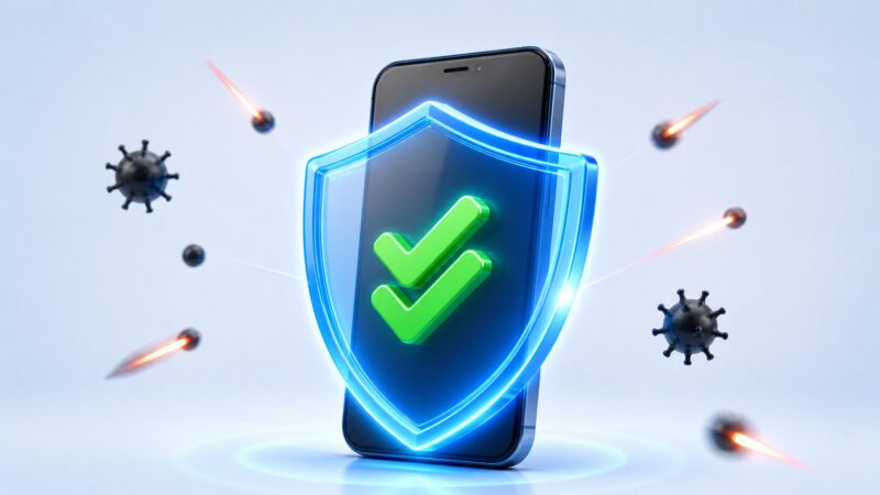 スマホを外部の脅威から強固に守る二重の盾とチェックマーク（二段階認証のイメージ）