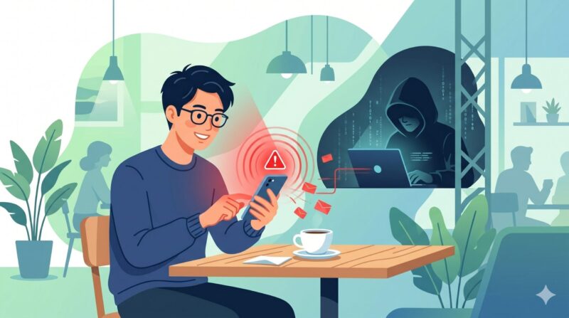 カフェの無料Wi-Fi利用時に潜む通信傍受や情報漏洩リスクのイメージ