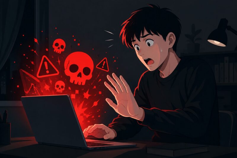 非公式の怪しいサイトからソフトをダウンロードしてウイルス感染の警告に驚く男性のイメージ
