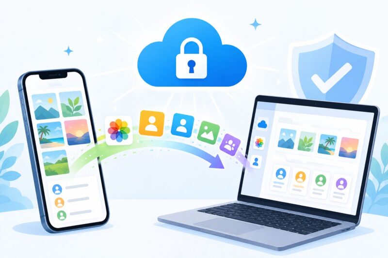 iPhoneの初期化に備えて、大切なデータをクラウドやパソコンに安全にバックアップしているイメージ