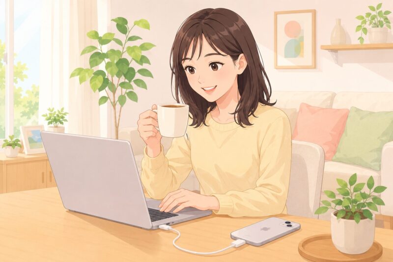 パソコンにiPhoneをケーブルで接続し、初心者でも安心してロック解除の操作を進めている様子