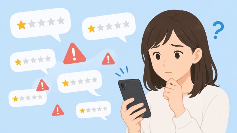 スマホから飛び出す低評価レビューや警告マークのアイコンを見て困惑する女性のイラスト。