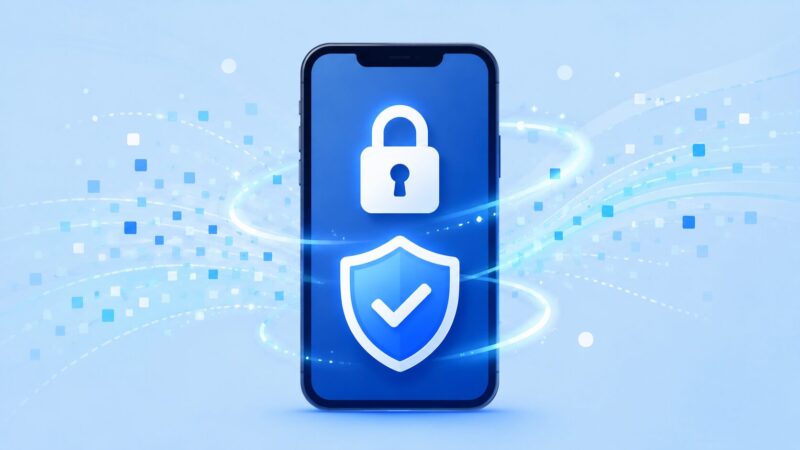 スマホ画面に鍵と盾のアイコンが表示された、サイバーセキュリティと個人情報保護のイメージ画像。
