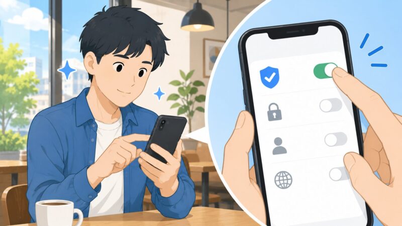 : 安心した笑顔でスマホの設定変更を行う若い男性のイラスト。安全な使い方のイメージ。