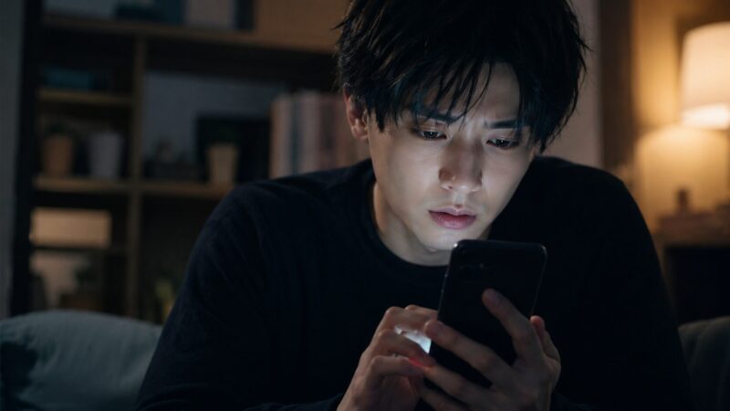 スマホの画面を見て、アプリの安全性や個人情報の扱いに少し不安を感じている若者の様子。