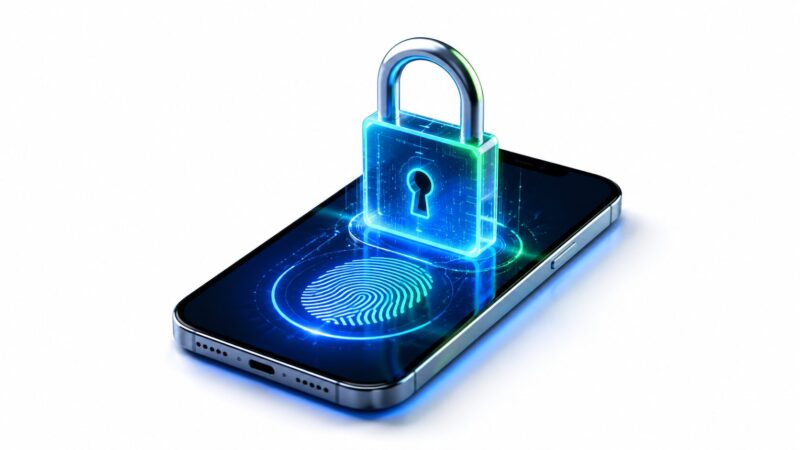 スマートフォンの生体認証（指紋や顔認証）と強固なロック機能によって、アカウントが安全に守られているイメージ。