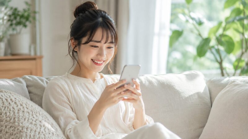 明るい部屋のソファでくつろぎながら、自分一人だけのプライベートな空間で安全にスマホアプリを楽しむ女性。