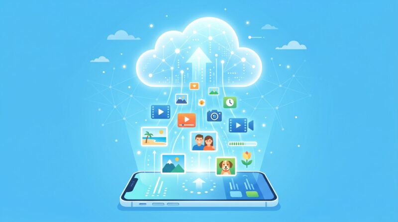 スマートフォンで撮影した動画や写真のデータが、自動的にクラウドストレージへとアップロード（同期）される仕組みのイメージ。