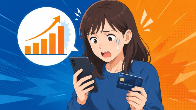 身に覚えのない高額なクレジットカード請求を見て驚くスマートフォンユーザーのイメージ
