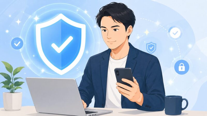 スマートフォンとパソコンのセキュリティ設定を行い、安心して微笑む男性のイメージ
