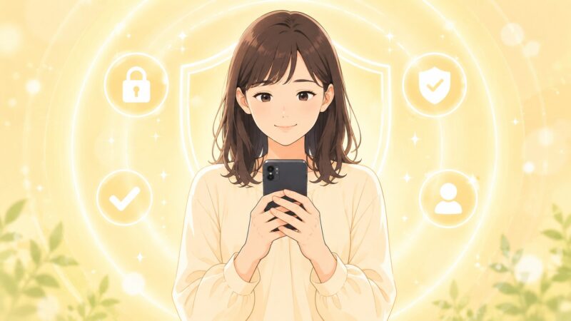 プライバシーと安全が守られたスマートフォンを笑顔で持つ女性のイメージ