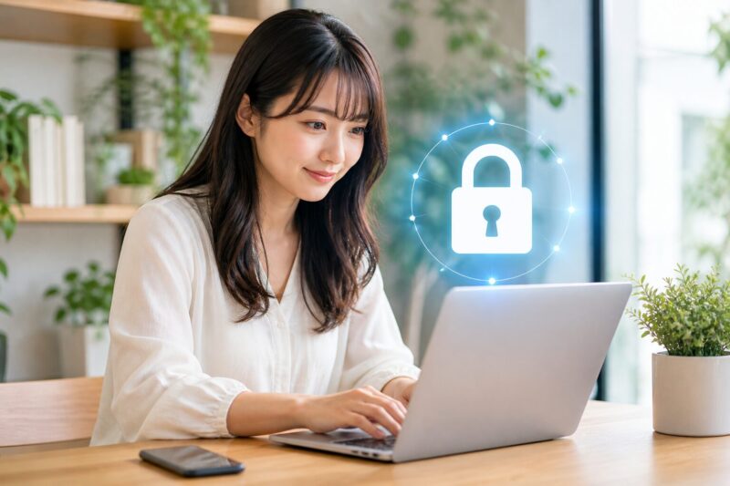 パソコンとスマホを使って、安全で強固なパスワードに落ち着いて変更する女性