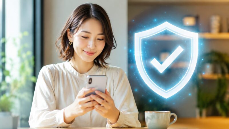 クレジットカードの停止やFindaの確実な解約手続きを行い、セキュリティ不安から解放されて安心した表情でスマホを見る女性。