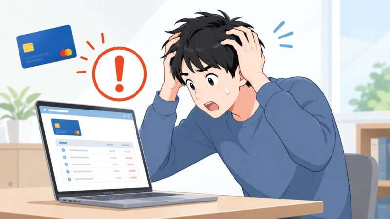 身に覚えのないFindaからの高額なクレジットカード請求(サブスクリプションの罠)に気づき、頭を抱えて焦る男性のイメージ。