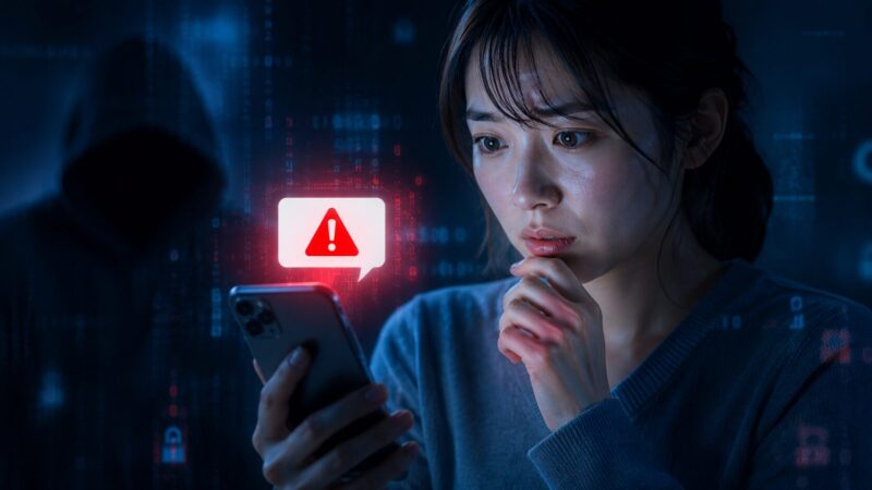 スマートフォンに届いた不審な警告メッセージと詐欺の罠を見つめる女性