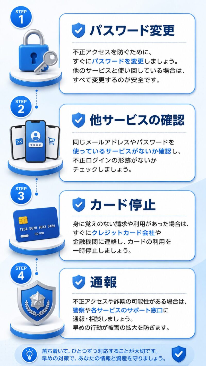 情報入力後の緊急対処4ステップ(パスワード変更、カード停止など)を示す図解