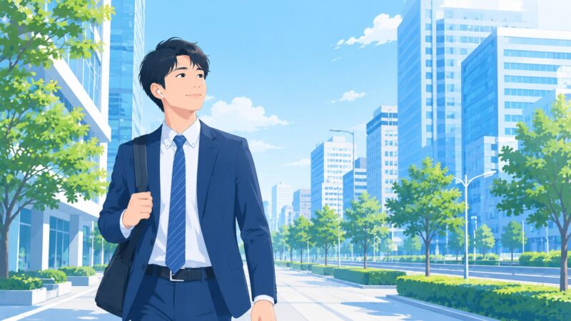 通勤中にワイヤレスイヤホンでHuxeの音声ブリーフィングを聴きながら情報収集する日本人ビジネスパーソンのイメージ。