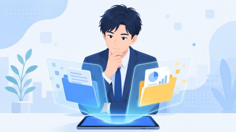 HuxeとNotebookLMの2つのAIツールを比較・検討しているビジネスパーソンのイメージ。