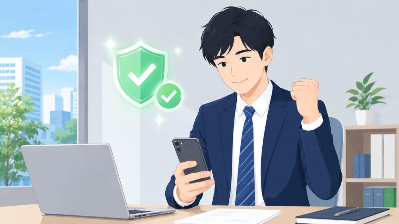 情報漏えい対策を講じて、安心してAIアプリを業務や日常で使いこなしているビジネスパーソンのイメージ。