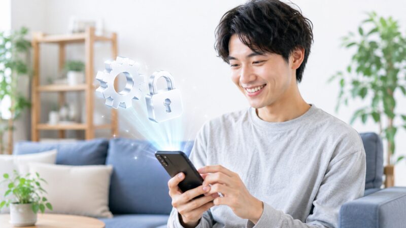 スマートフォンから設定の歯車と南京錠のアイコンが浮かび上がり、保護機能が働いているイメージ。