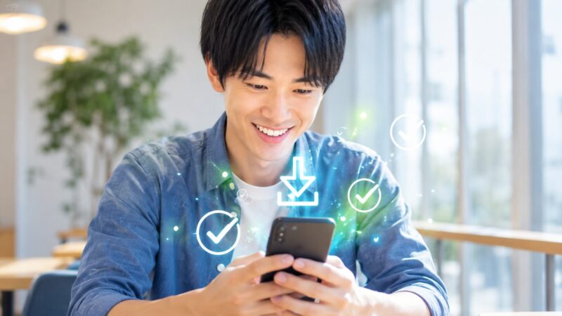 笑顔でスマホを操作し、設定の解除とアプリのダウンロードが無事に完了したイメージ。