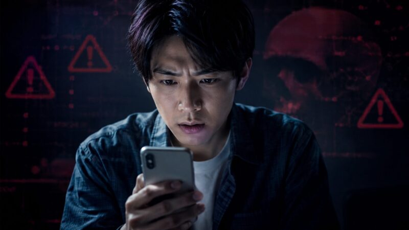暗い背景で赤い警告サインが浮かび、スマホのハッキングや情報漏洩の危険性を伝えるイメージ。