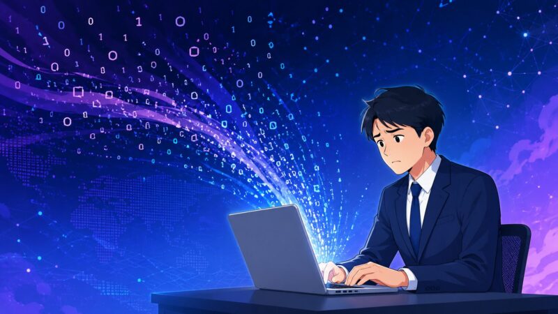 パソコンからデータが吸い上げられていくような、サイバー空間の脅威を表現したイメージイラスト。