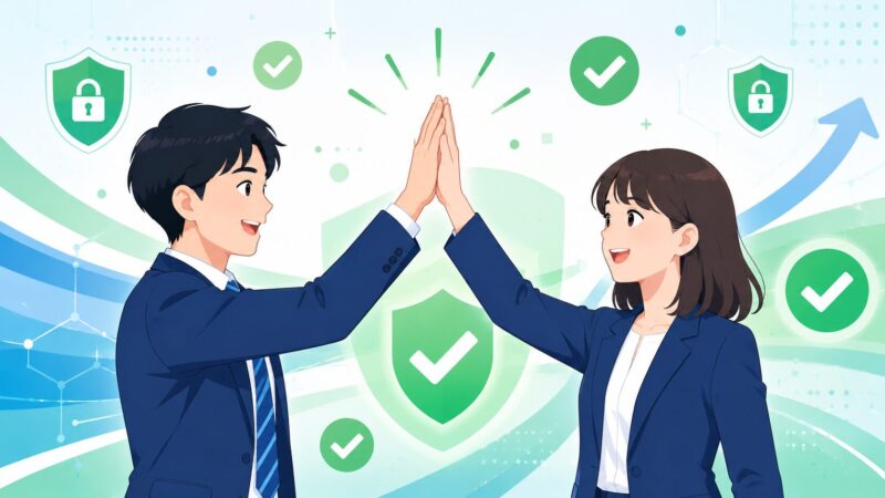 セキュリティ対策が完了し、笑顔でハイタッチをして安心しているビジネスパーソンのイラスト。