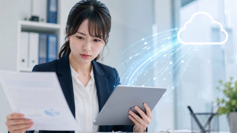 オフィスでタブレットからクラウドへデータが送信されている様子を表したイメージ画像。