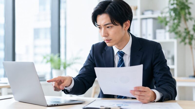 生成AIの出力結果と資料を照らし合わせて、真剣にファクトチェックを行うビジネスパーソン。