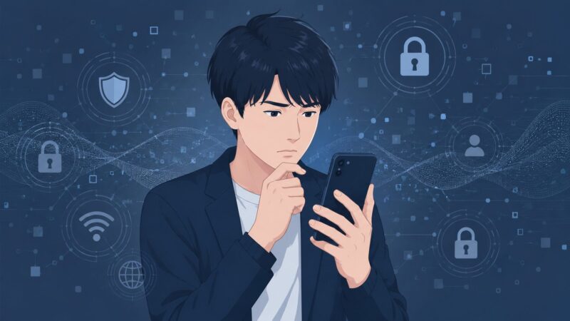 スマホの画面を真剣な表情で見つめ、RCSの正体やセキュリティに注意を払う男性