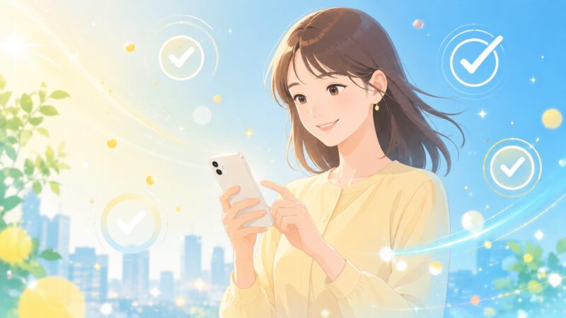 RCSの解決策を知り、晴れやかな表情でスマホの設定を行う女性