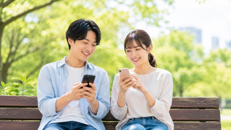 RCSの仕組みと対策を理解し、笑顔で安心してスマホを使いこなす日本人の男女