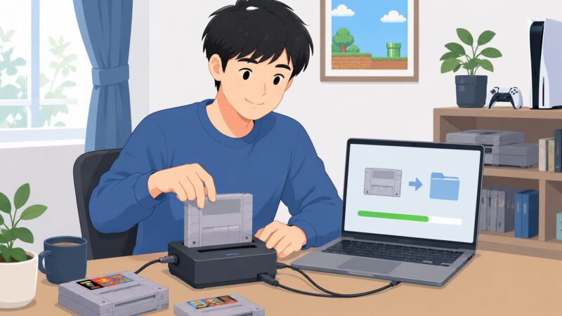 古いゲームカセットからPCへデータを安全に吸い出している様子