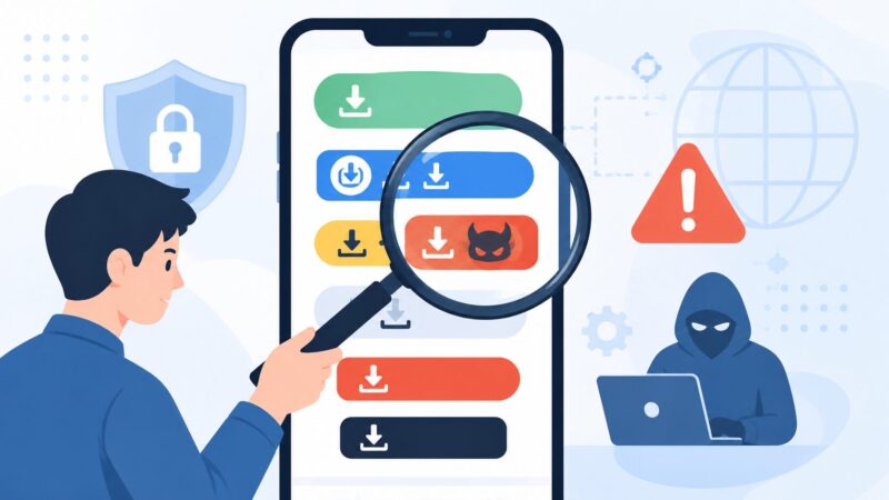 スマホ画面に並ぶ複数のダウンロードボタンを虫眼鏡で確認しているイラスト