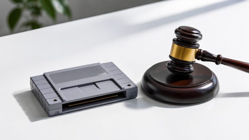 レトロゲームのカセットと裁判官の木槌が並んだ、違法リスクを表すイメージ