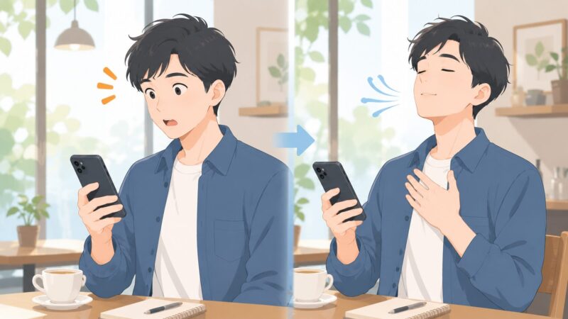 スマホを見て驚きつつも大きく深呼吸をして落ち着こうとしている男性のイラスト