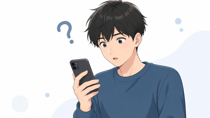 スマホの画面を見て突然の警告表示に驚き、不安を感じている若い日本人の男性